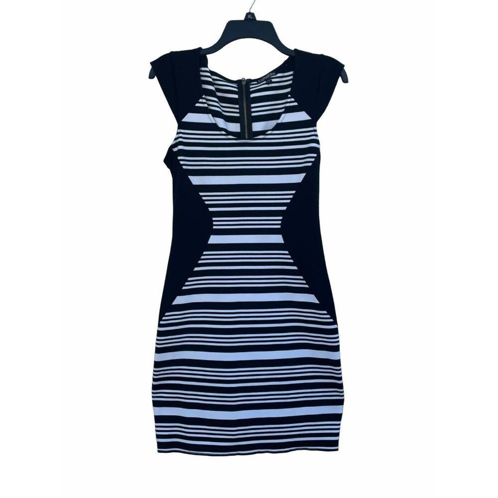Sz 6 Express Dress Women Black Shift Scoop Neck Sleeveless Striped Career Preppy